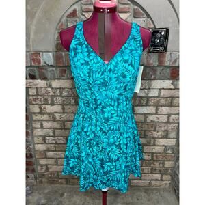 swimsuit swim dress Vintage 1980s one piece V neck blue teal aqua NWT